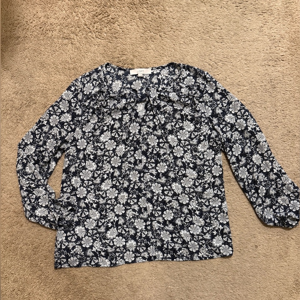 LOFT Navy and White Floral Blouse